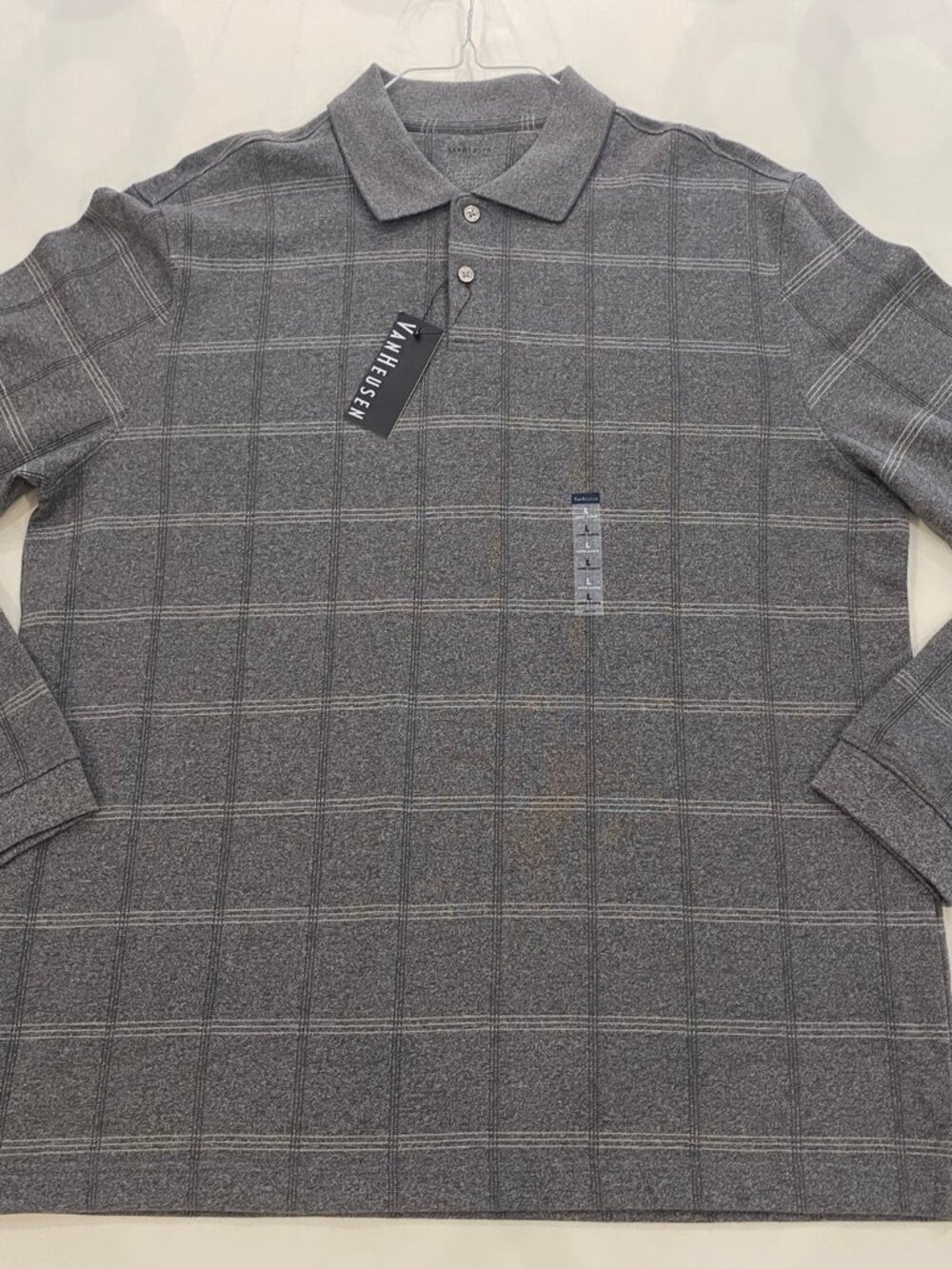 VAN HEUSEN Men's Long Sleeve Polo Shirt NWT Large Gray Windowpane Plaid Golf